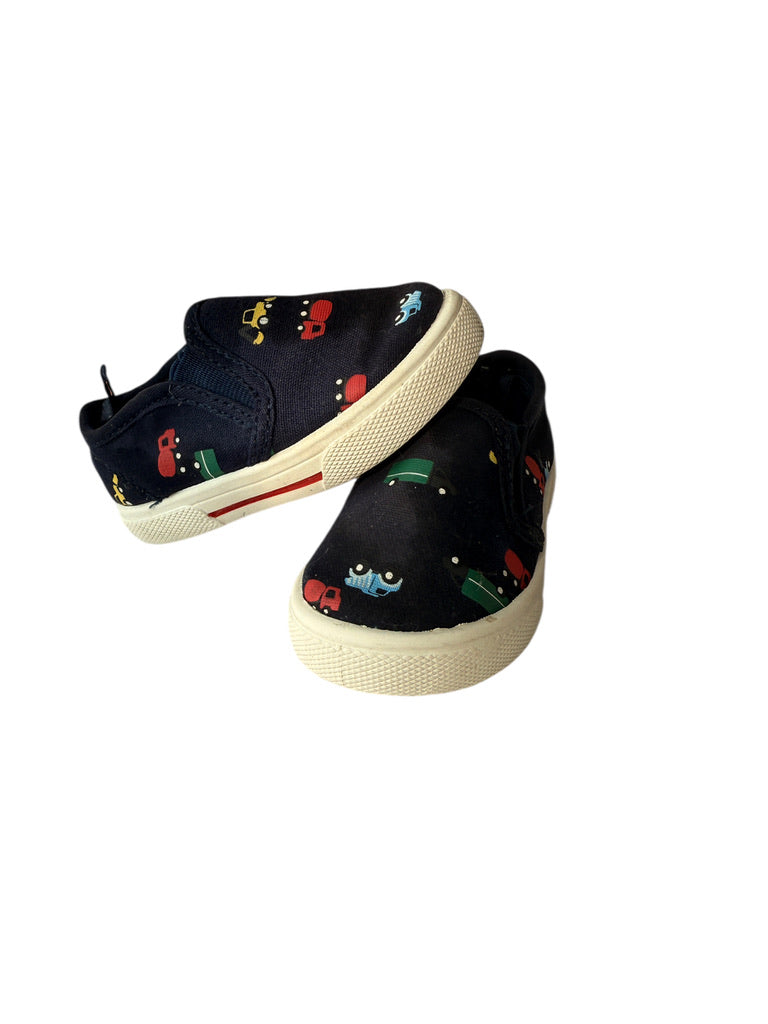 Carter's Slip on Sneakers, Navy with Multi-coloured Trucks, White Flex Soles,  Size 1 GUC