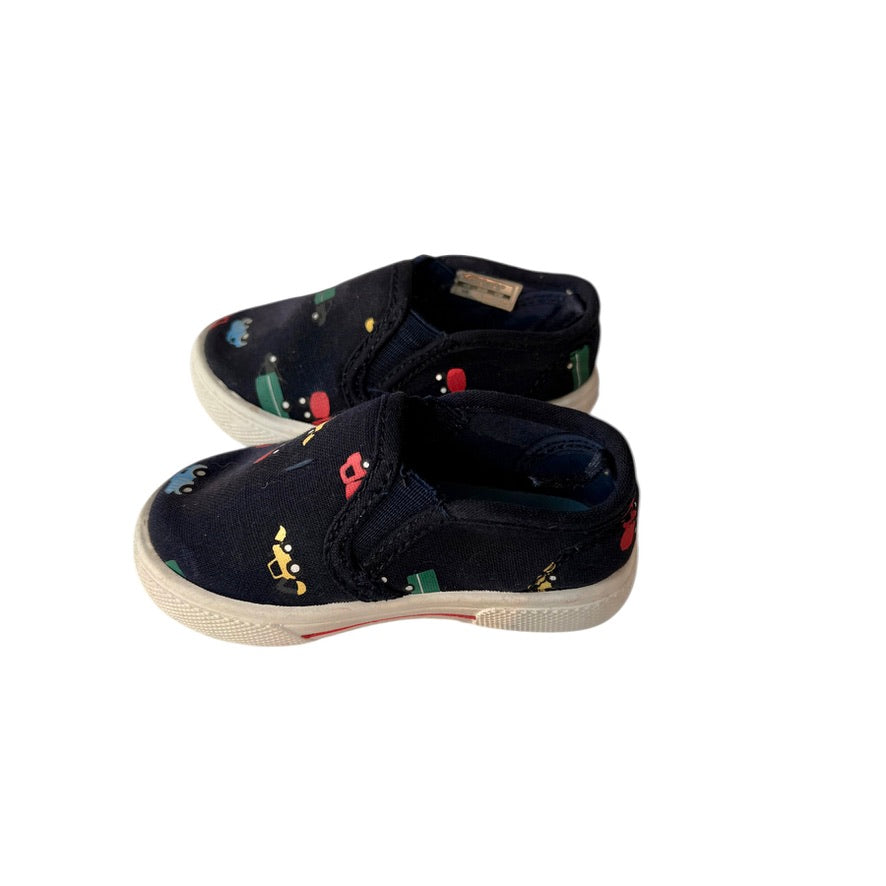 Carter's Slip on Sneakers, Navy with Multi-coloured Trucks, White Flex Soles,  Size 1 GUC