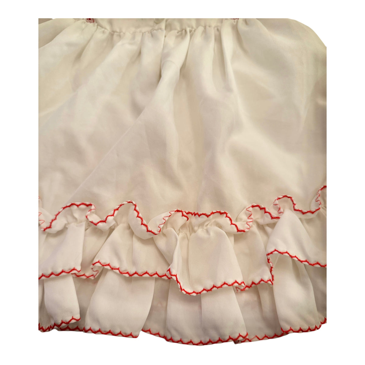 Vintage Preowned White Ruffled Baby Dress with Red Trim and Ribbon Embellishment