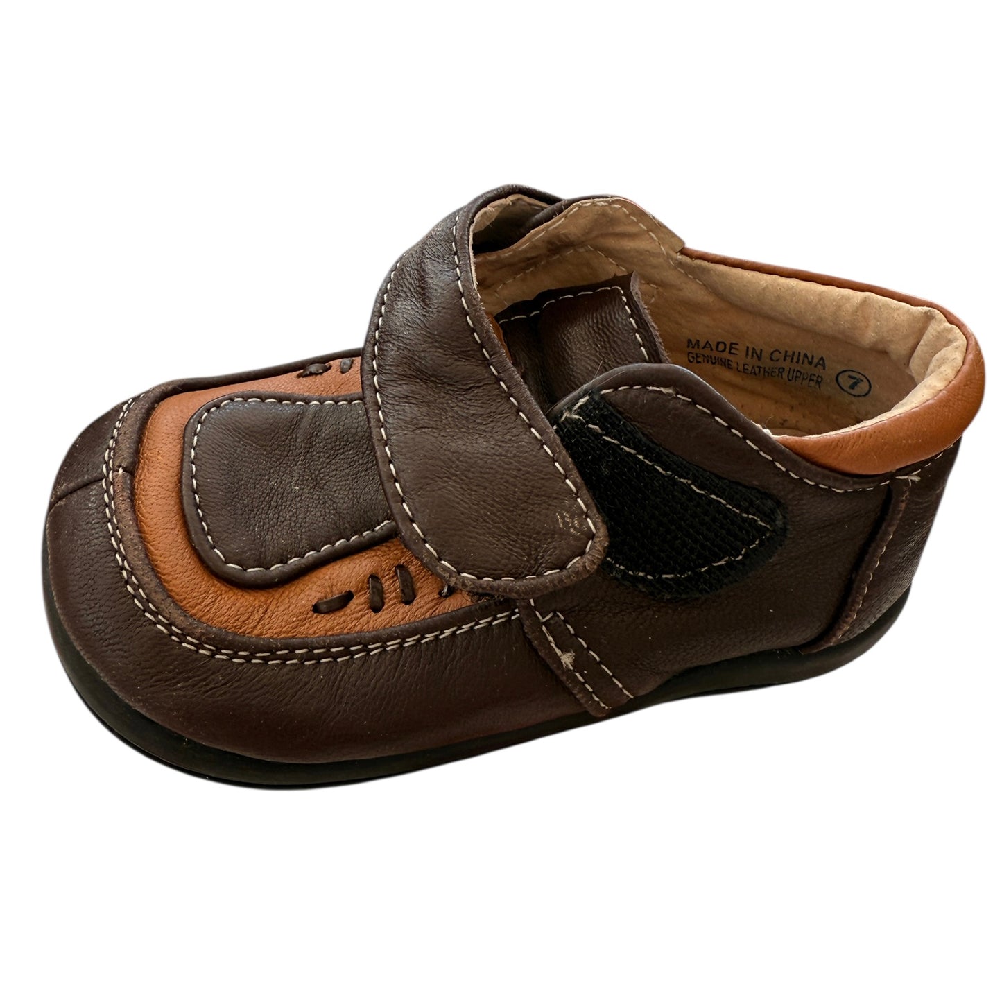 Leather Size 7 Shoes, Cognac & Chocolate Brown with Decorative Stitching Hook & Loop Closure