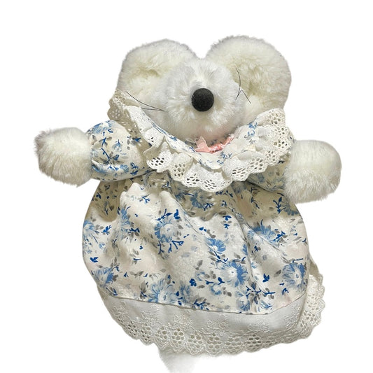 Vintage Plush Mouse, Oversize Ears, Long Black Whiskers. Button Eyes & Dainty Floral Dress