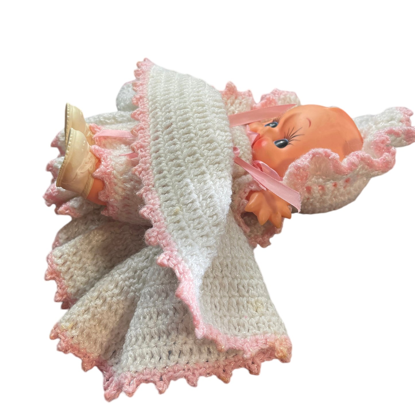 Vintage Kewpie Doll, Dainty Hand Crocheted White Sparkly Dress, Bottoms & Hat, White Shoes EUC