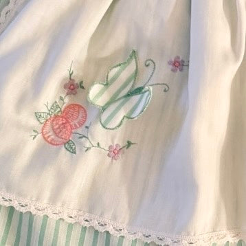 Vintage 'Nanette' Mint Striped Pinafore Dress, Dainty Floral Embroidery with Butterfly Applique