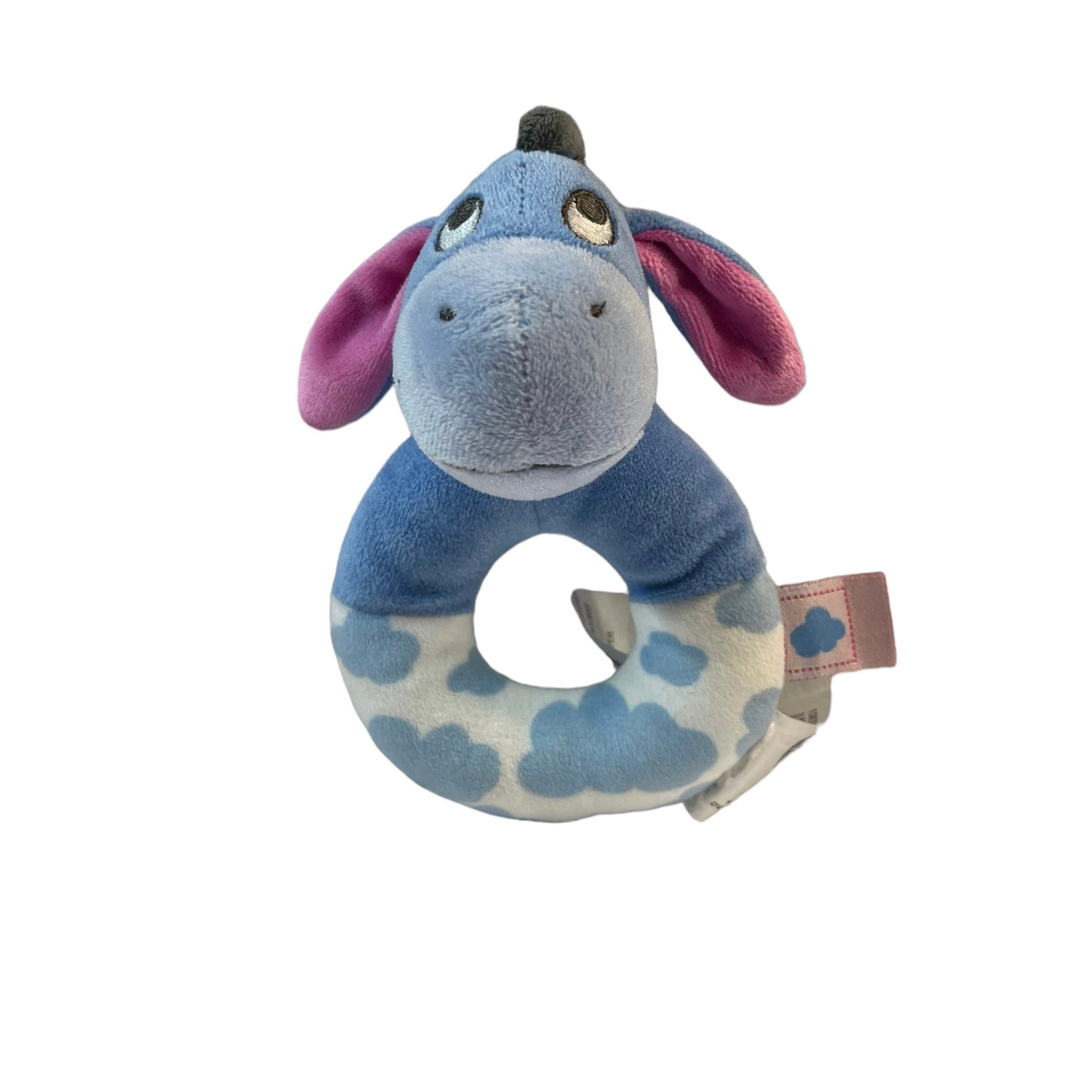 Disney Eeyore Plush Ring Rattle with Embroidered Face Bright Pink Ears