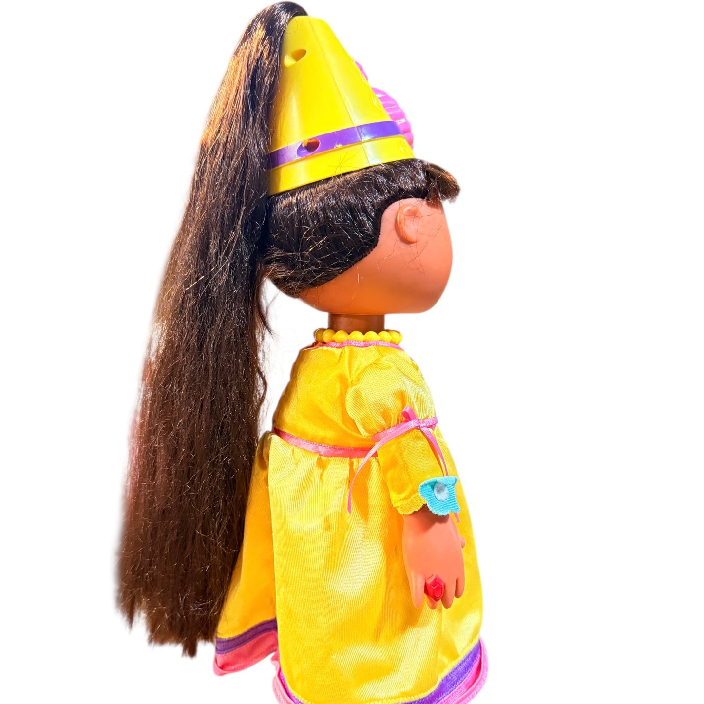 Vintage Hair Fisher-Price Magic Hair Dora Doll Yellow Princess Gown & Hat with Large Pink Jewel