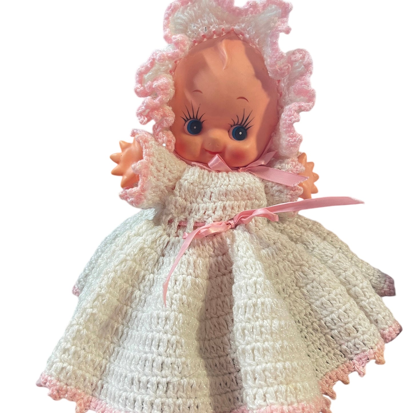 Vintage Kewpie Doll, Dainty Hand Crocheted White Sparkly Dress, Bottoms & Hat, White Shoes EUC
