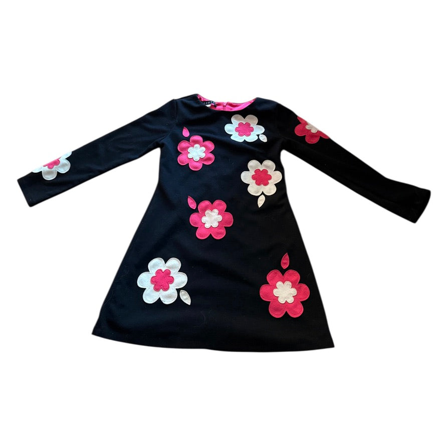 Black Long Sleeved Biscotti Children's Dress, Size 6, with Bright Pink and White Appliques