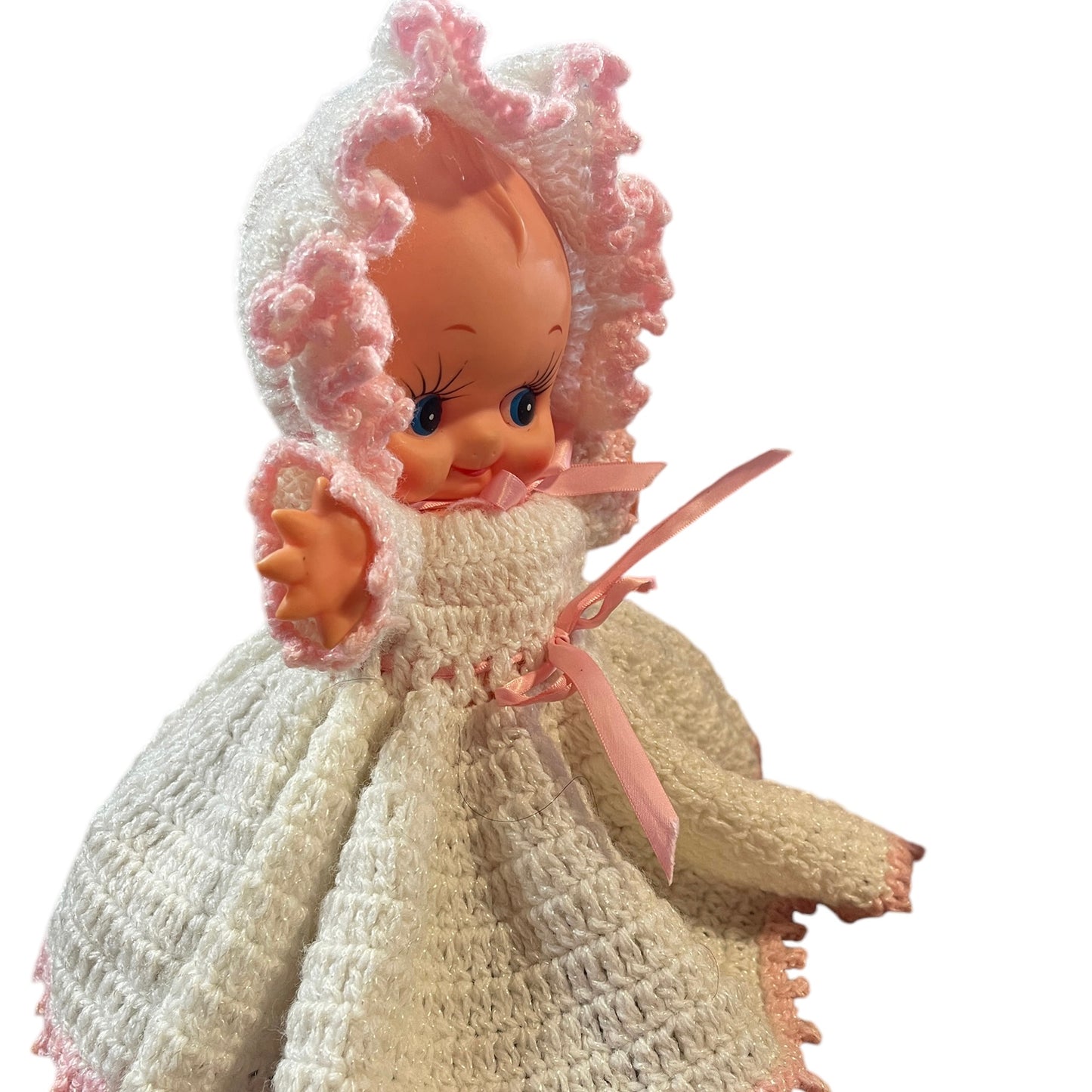 Vintage Kewpie Doll, Dainty Hand Crocheted White Sparkly Dress, Bottoms & Hat, White Shoes EUC