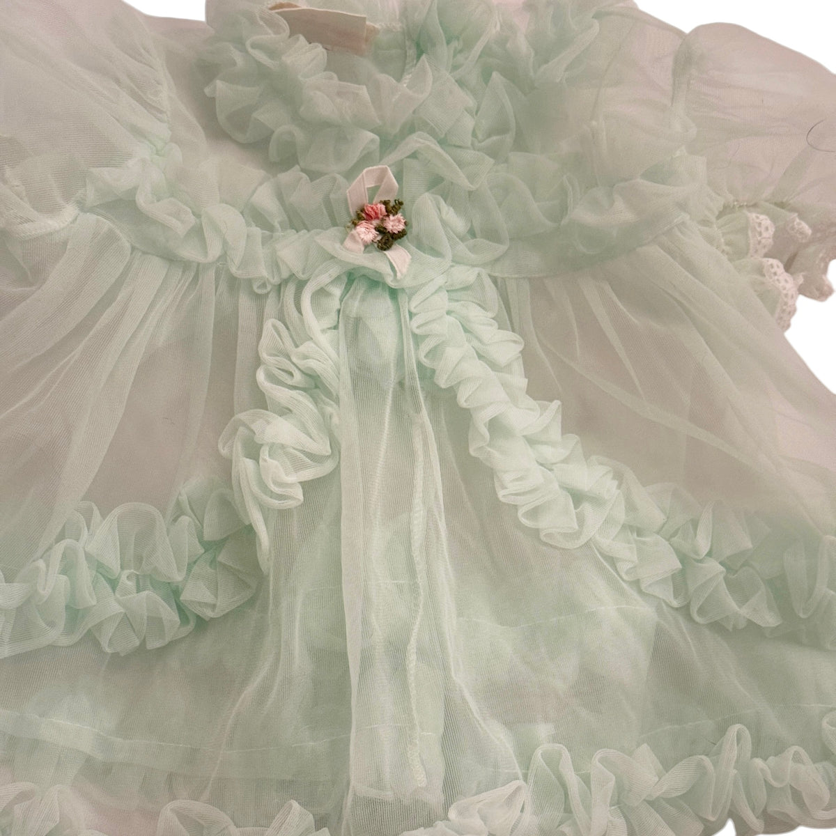 Canadian Made Vintage Sheer Mint Baby Dress with Cascading Ruffles & Rose Applique