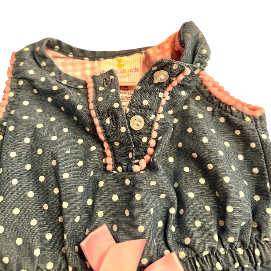 Duck Duck Goose Denim Blue Romper with Pink Polka Dots, Satin Bow and a Pretty Applique