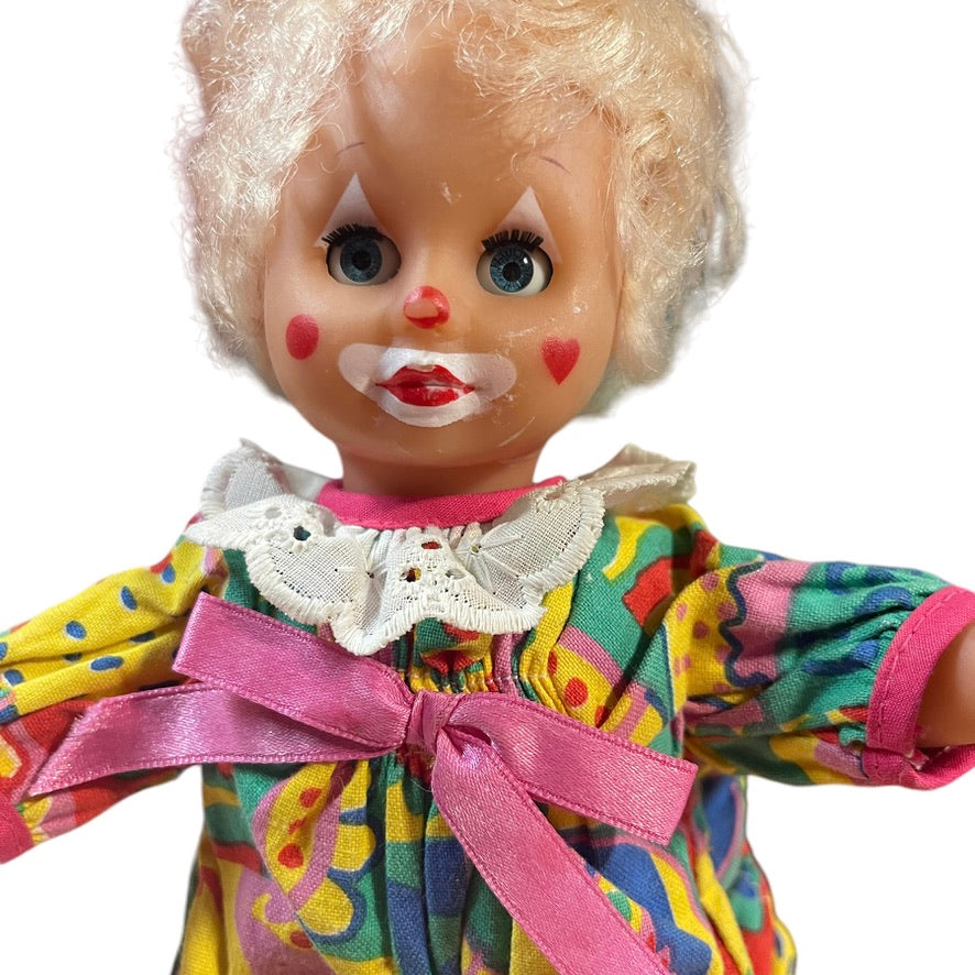 Tiny TurkishClown Faced Doll In Bright Printed Romper & Matching Cap, 9" in GUC