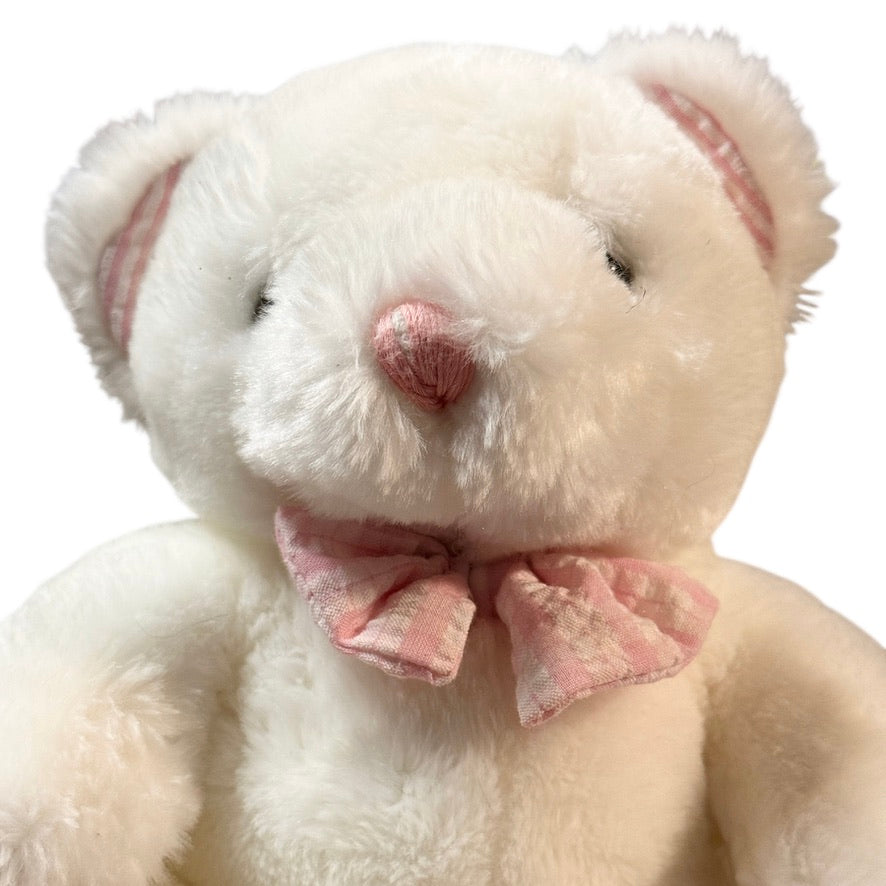 Vintage White Plush Seated Teddy Bear Rattle, Pink Seersucker Ears, Bow Tie & Feet in GVC