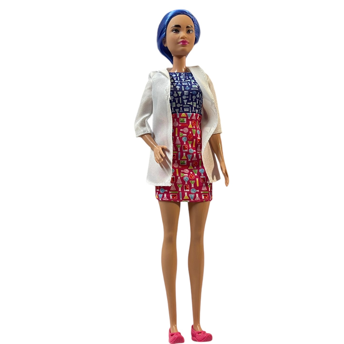 Barbie Scientist Doll, Blue Hair, Pink & Blue Print Dress, Matching Pink Flats and Lab Coat GUC Mattel