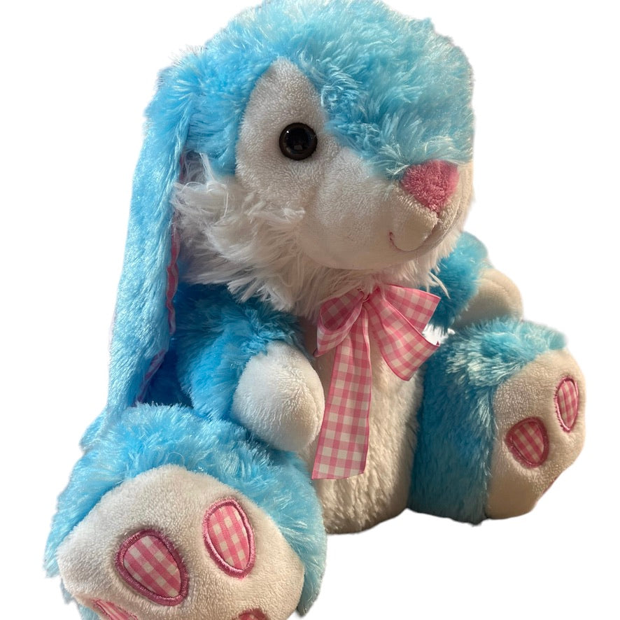 Irresistible 15" Lop Eared Blue/White Bunny with Pink Gingham Bow & Foot Pads EUC No Tag