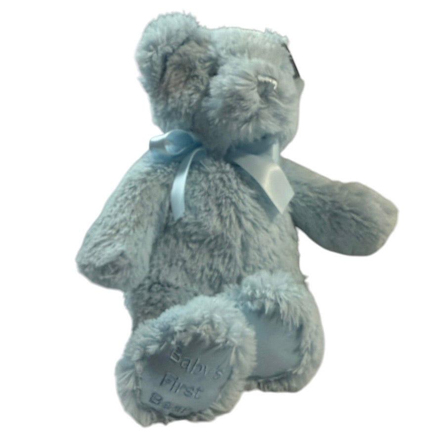 Bearington Baby Fuzzy Blue 12" Bear, ''My FirstTeddy' with Satin Nose, Neck Ribbon & Feet EUC