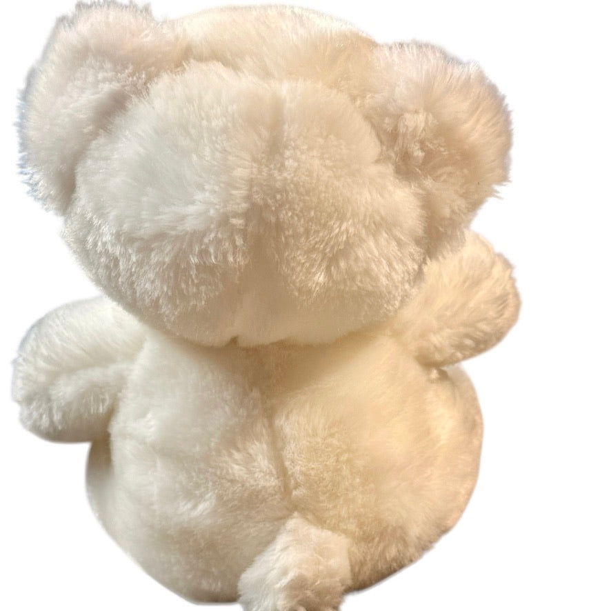 Vintage White Plush Seated Teddy Bear Rattle, Pink Seersucker Ears, Bow Tie & Feet in GVC