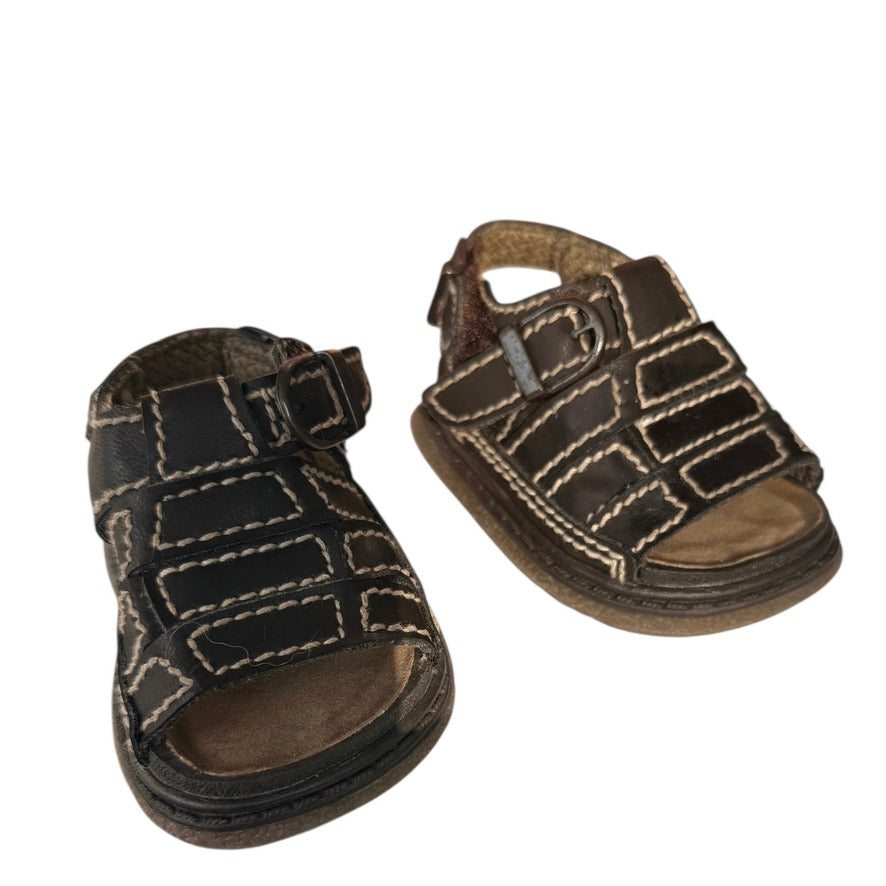 Wolfe Island Fisherman Sandals, Infant Size 2 Brown, Hook & Loop Closure Beige Stitching