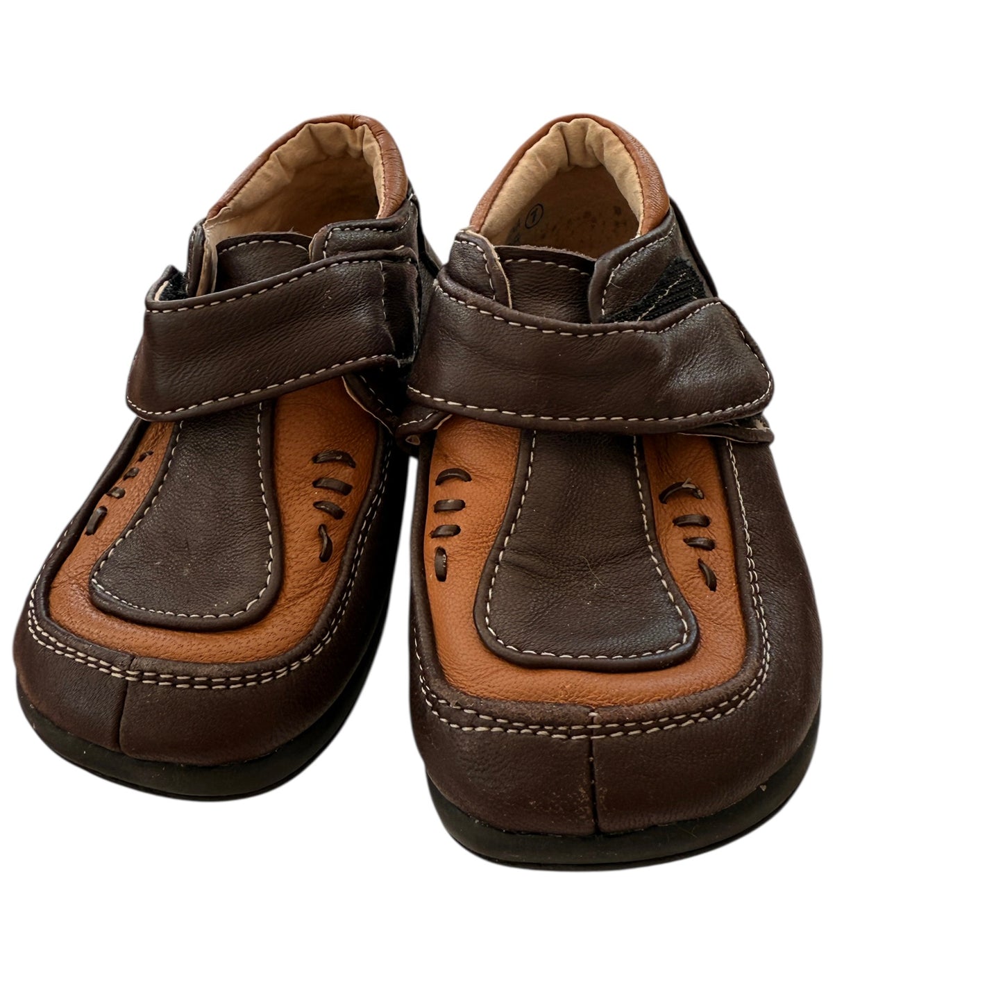 Leather Size 7 Shoes, Cognac & Chocolate Brown with Decorative Stitching Hook & Loop Closure