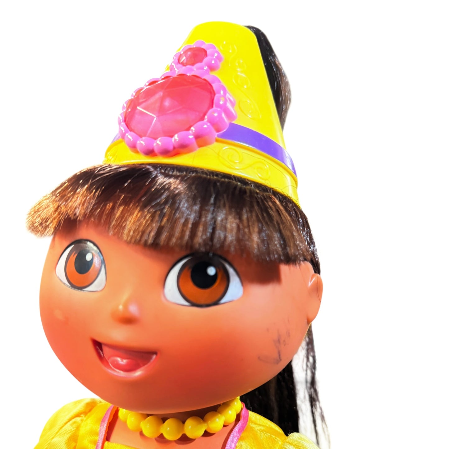 Vintage Hair Fisher-Price Magic Hair Dora Doll Yellow Princess Gown & Hat with Large Pink Jewel