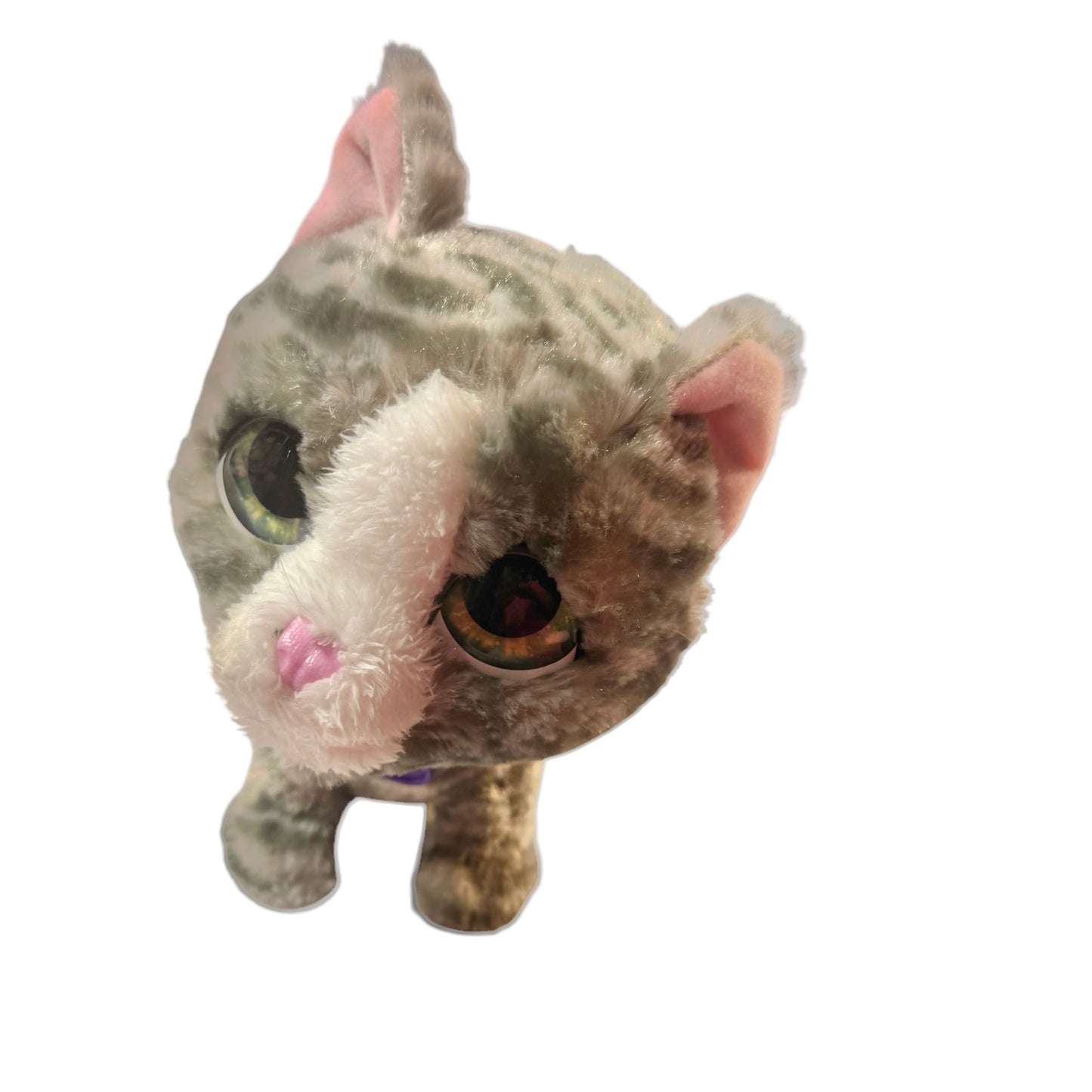 Fur Real Walks-a-Lot Kitten, Grey Stripe, Purple Collar & HUGE Green Eyes. Preowned, Works Great!