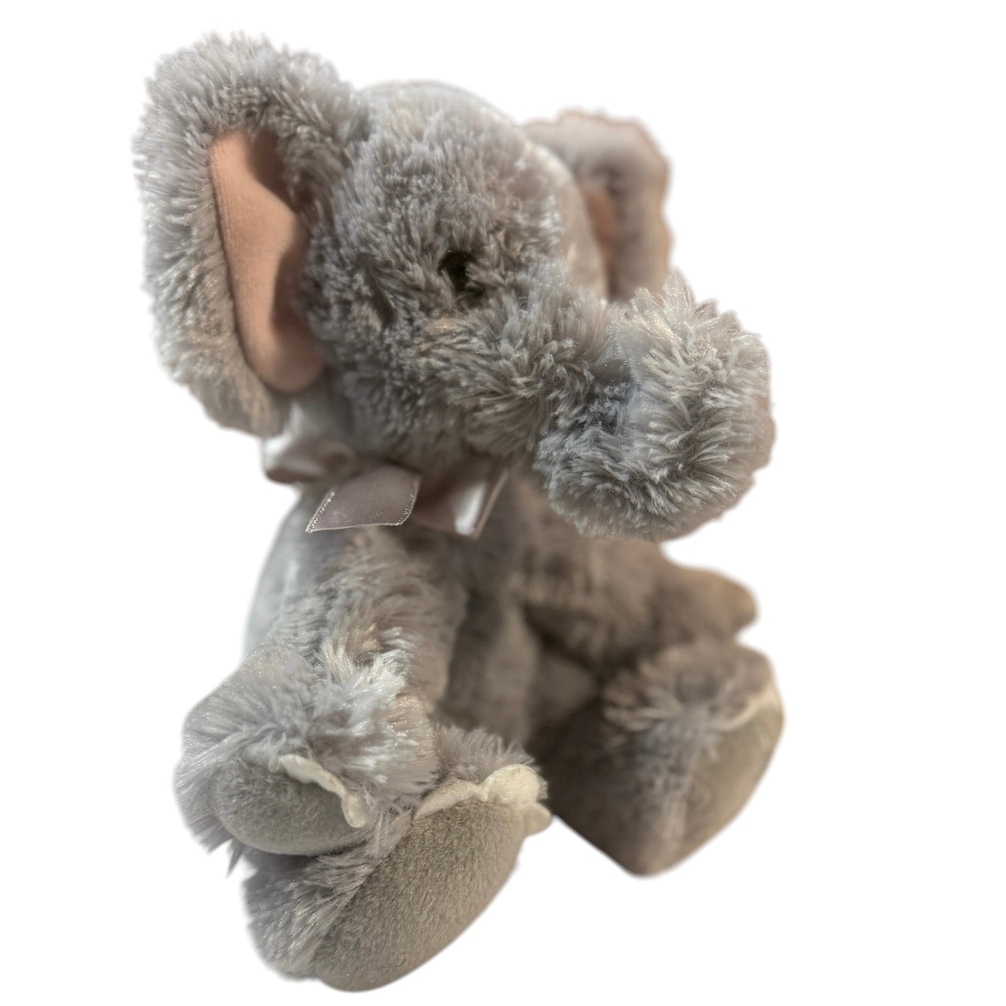 Russ-Berrie Shining Stars 8" Fluffy Grey Elephant, Pink Ears, Silver Satin Ribbon, Adorable!