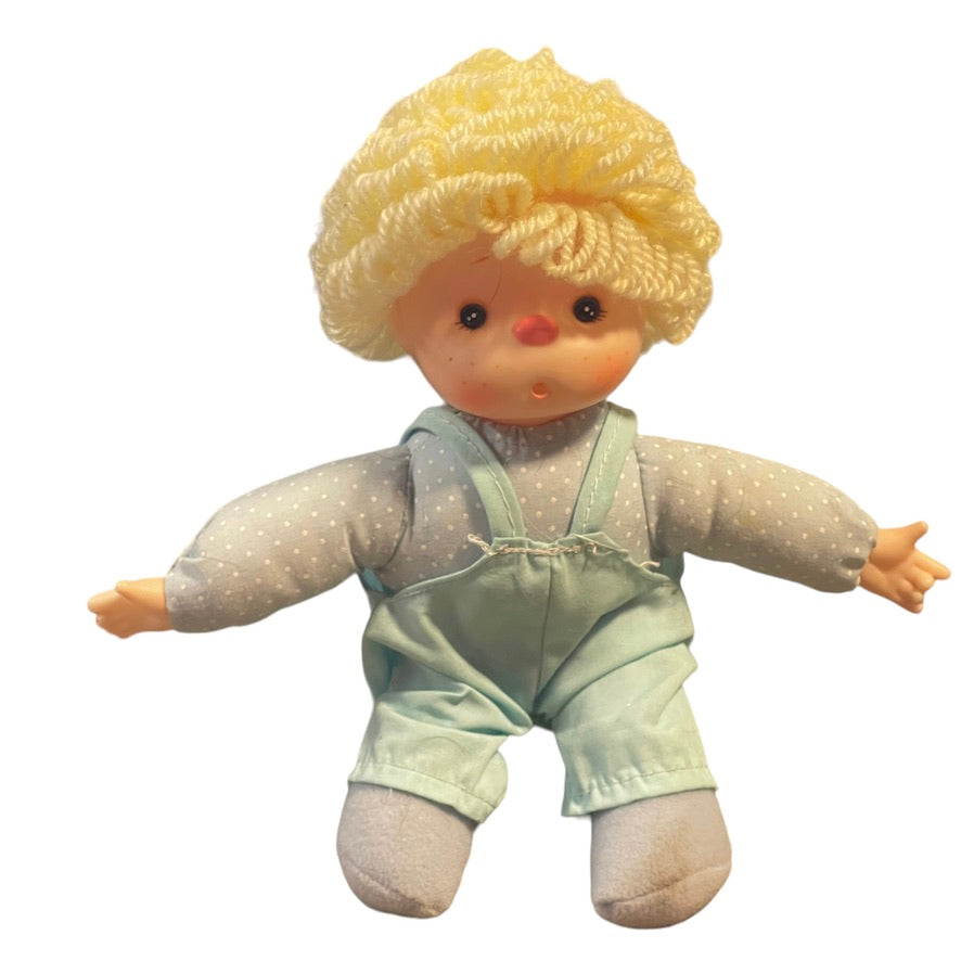 Vintage Baby Club C&A 8" Doll, Sweet Vinyl Face, Cloth Body Yellow Yarn Hair Blue Romper