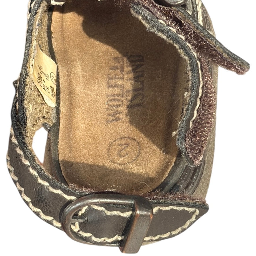 Wolfe Island Fisherman Sandals, Infant Size 2 Brown, Hook & Loop Closure Beige Stitching