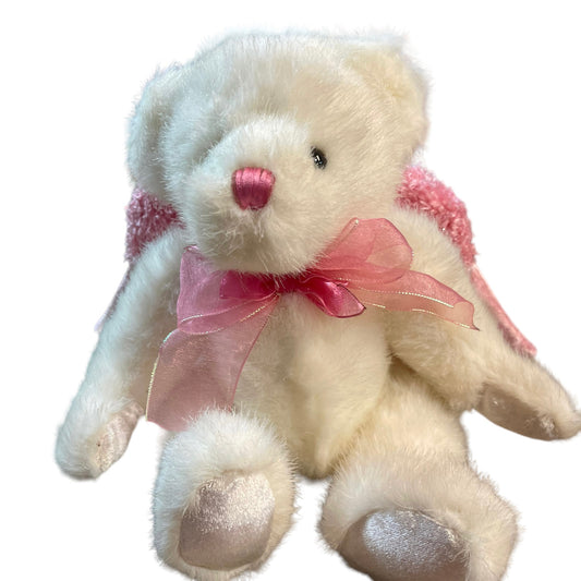 Dandee Angel Bear Plush, While & Pink with Sparkly Pink Wings and Satin Accents- Sweet!