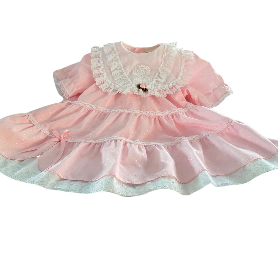 Vintage Little Princess Dainty Pink Cotton Party Dress, White Lace Collar with Satin Rosette