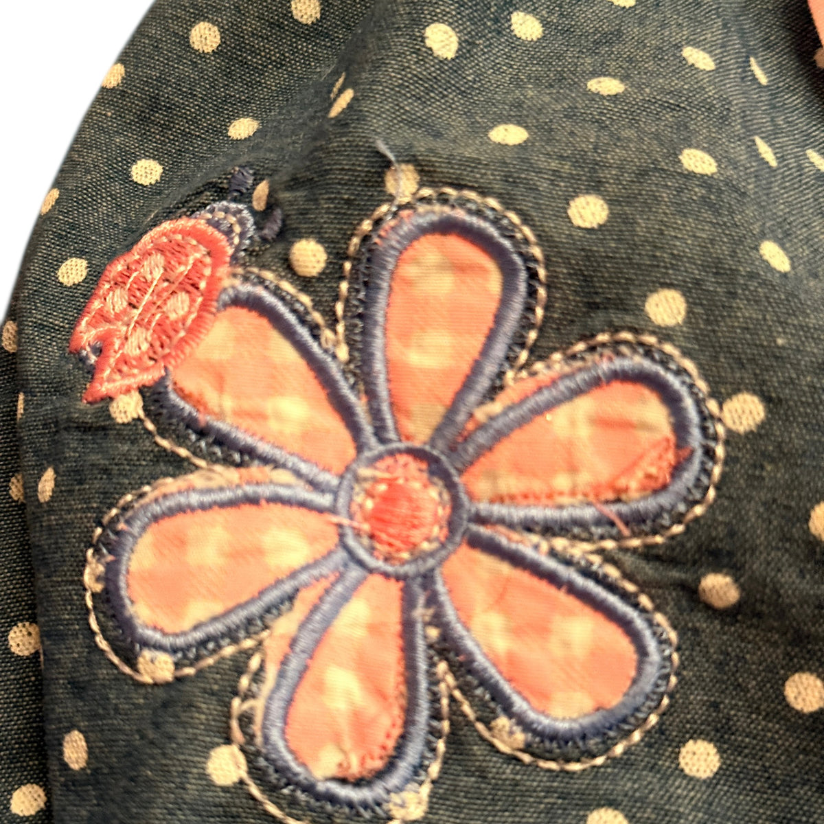 Duck Duck Goose Denim Blue Romper with Pink Polka Dots, Satin Bow and a Pretty Applique