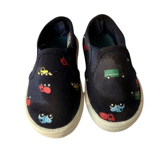 Carter's Slip on Sneakers, Navy with Multi-coloured Trucks, White Flex Soles,  Size 1 GUC