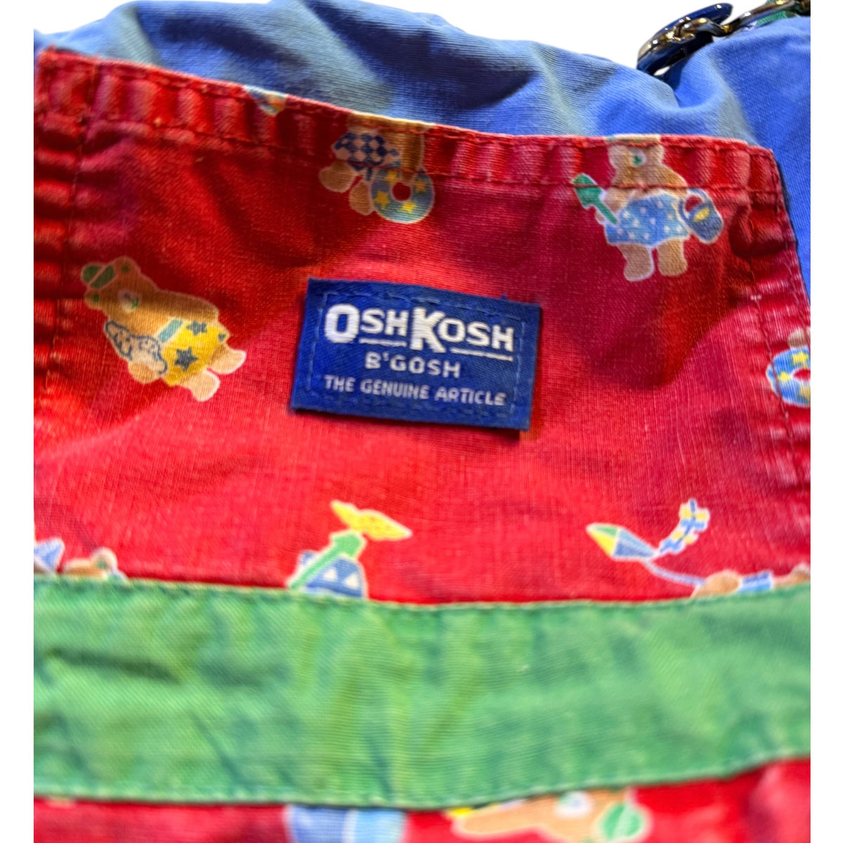 Vintage OshKosh B'gosh Colourblock Shortall Overalls, Bear Toy Print & Blue/Green Accents