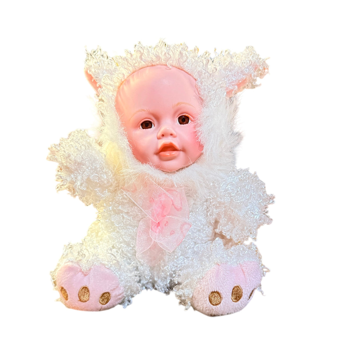 Adorable 8" Seated Bunny Baby Doll, Vinyl Face, Brown Eyes & Curly White Body, Pink Accents