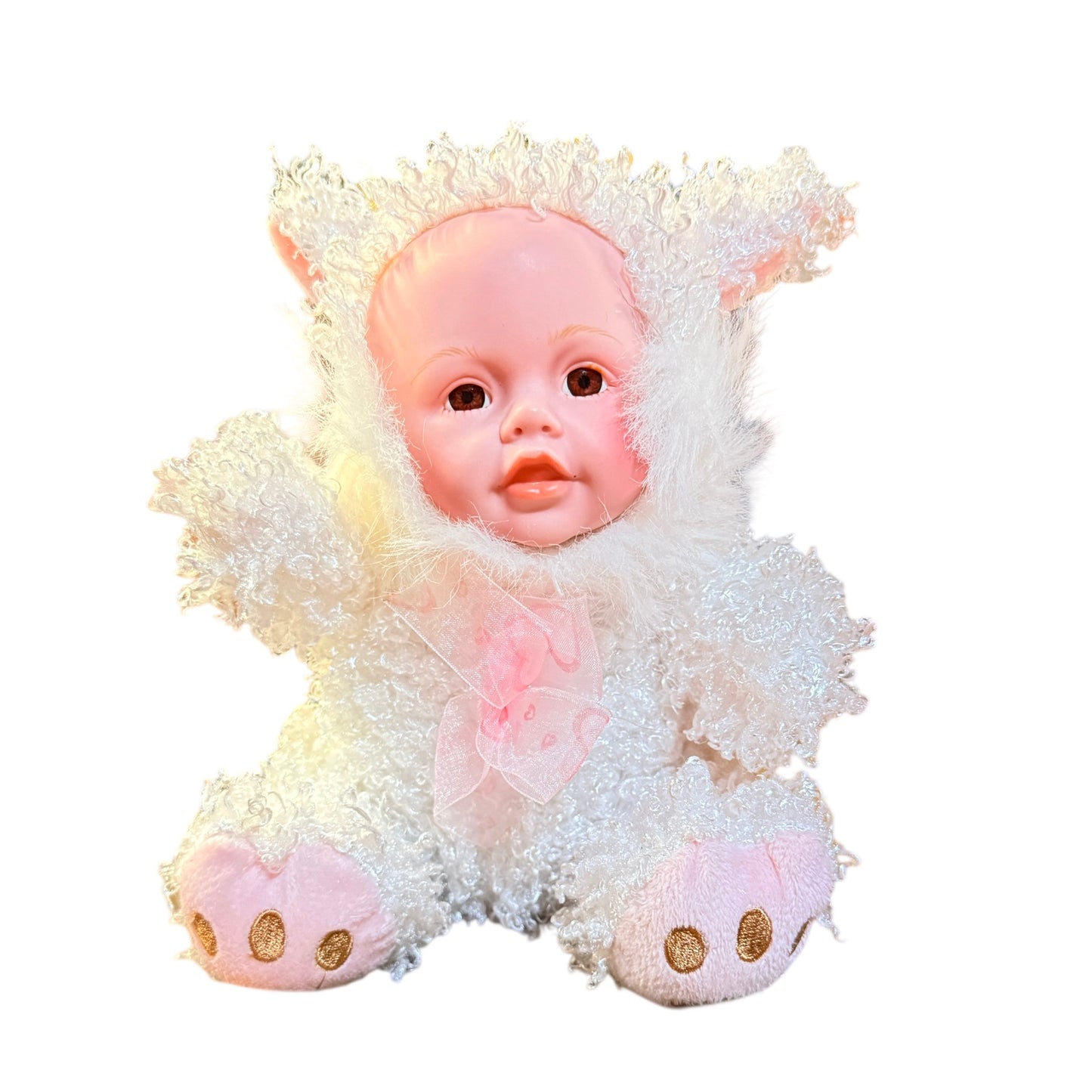 Adorable 8" Seated Bunny Baby Doll, Vinyl Face, Brown Eyes & Curly White Body, Pink Accents