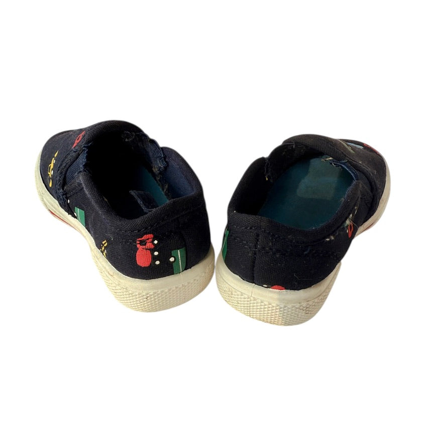 Carter's Slip on Sneakers, Navy with Multi-coloured Trucks, White Flex Soles,  Size 1 GUC