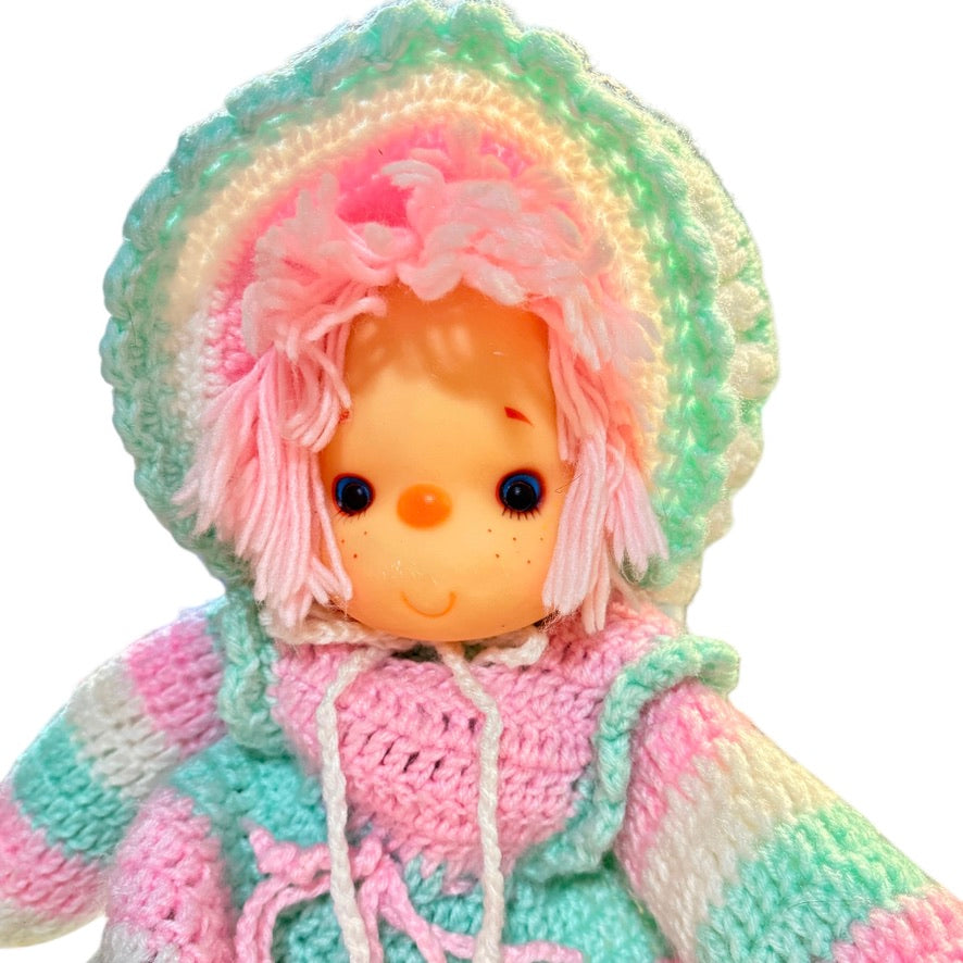 Hand Crocheted Vintage, 'Ice Cream Baby' 27" in Pastel Pink & Green, Blue Eyes, Pink Hair!