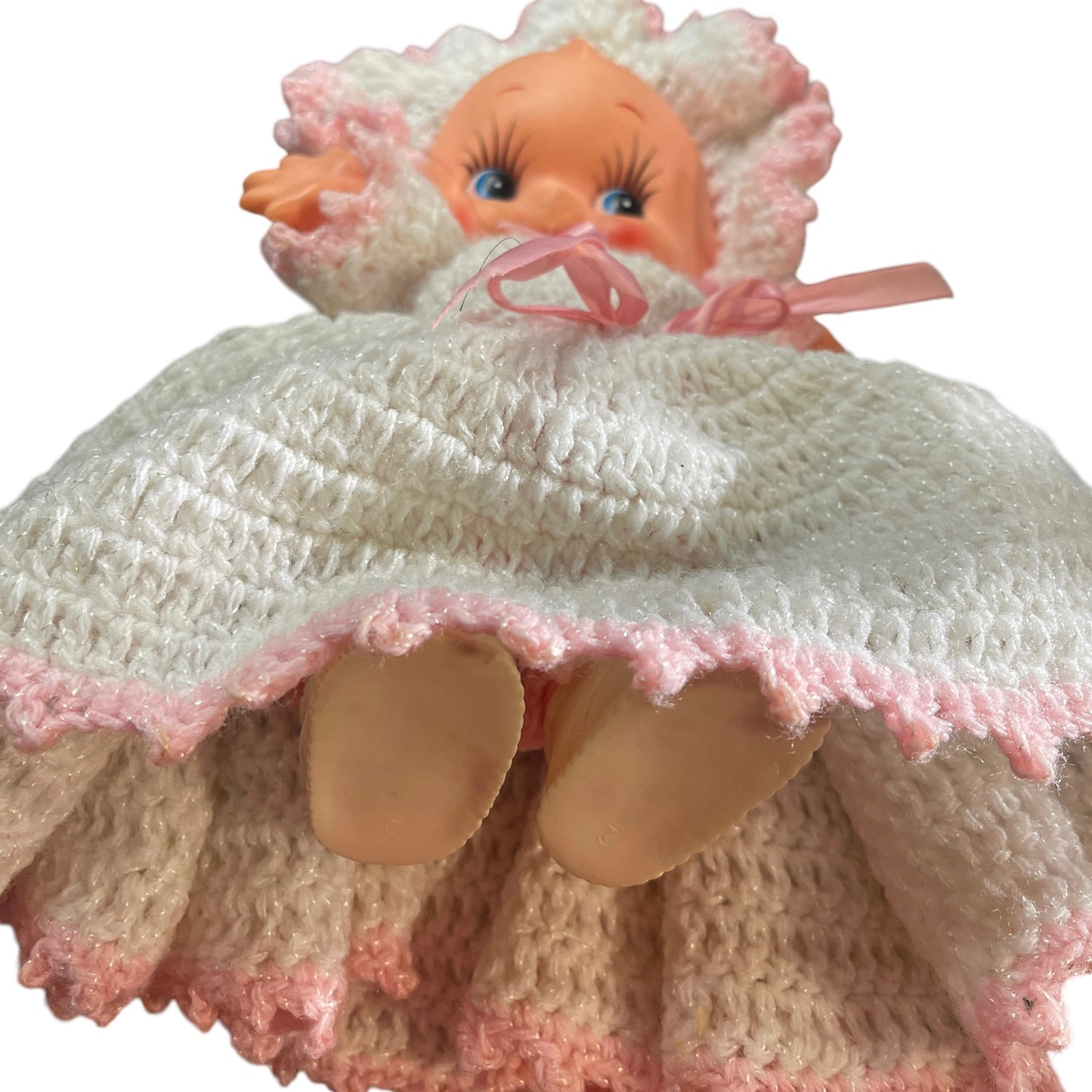 Vintage Kewpie Doll, Dainty Hand Crocheted White Sparkly Dress, Bottoms & Hat, White Shoes EUC