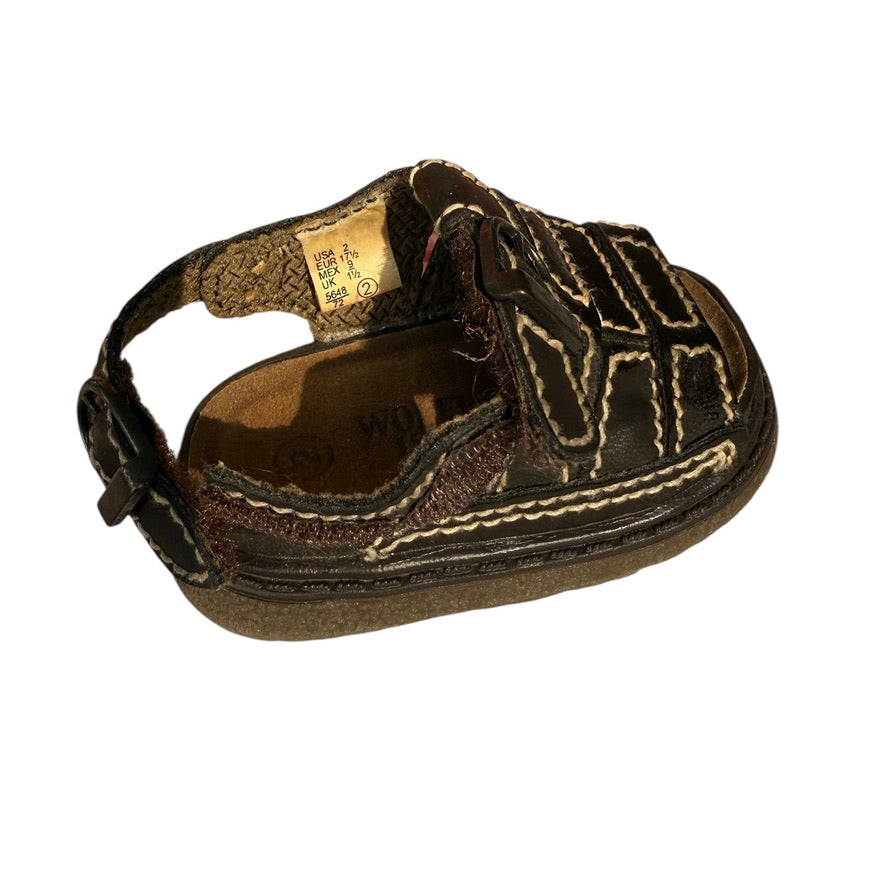 Wolfe Island Fisherman Sandals, Infant Size 2 Brown, Hook & Loop Closure Beige Stitching