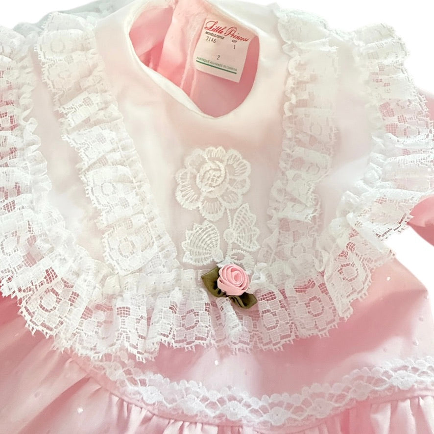 Vintage Little Princess Dainty Pink Cotton Party Dress, White Lace Collar with Satin Rosette