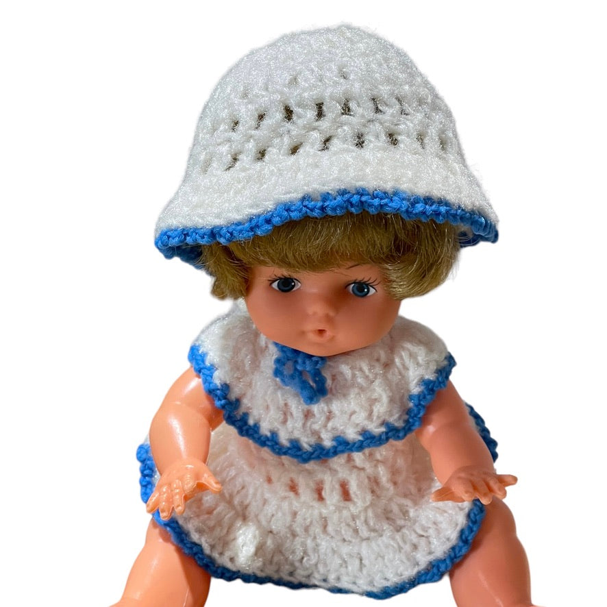 Vintage Blue Box Made in Hong Kong Drink & Wet Baby Doll in Knit White & Blue Outfit