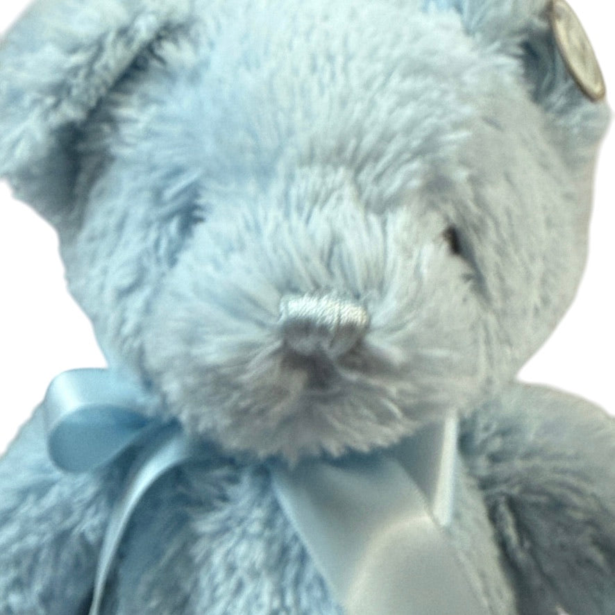 Bearington Baby Fuzzy Blue 12" Bear, ''My FirstTeddy' with Satin Nose, Neck Ribbon & Feet EUC
