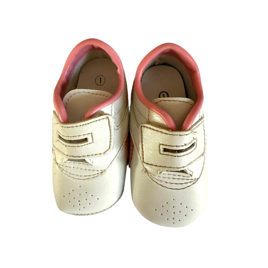 Bout'Shou White& Pink Infant Size 1 Trainers/ Running Shoes, Hook & Loop Closure Tab GUC