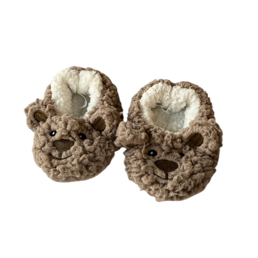 Snoozie's Baby Slippers, 3-6m. Embroidered Features, Beige/White Sherpa in EUC, So Cute!