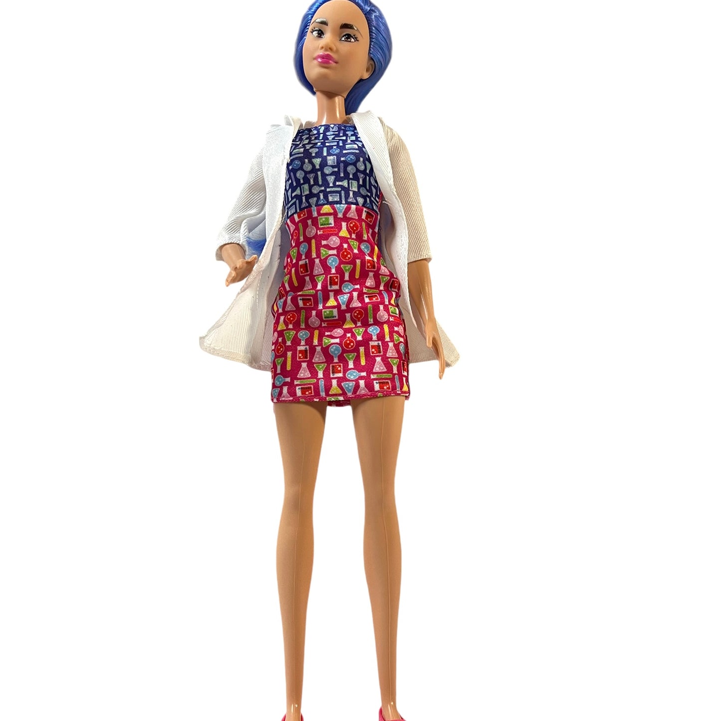 Barbie Scientist Doll, Blue Hair, Pink & Blue Print Dress, Matching Pink Flats and Lab Coat GUC Mattel