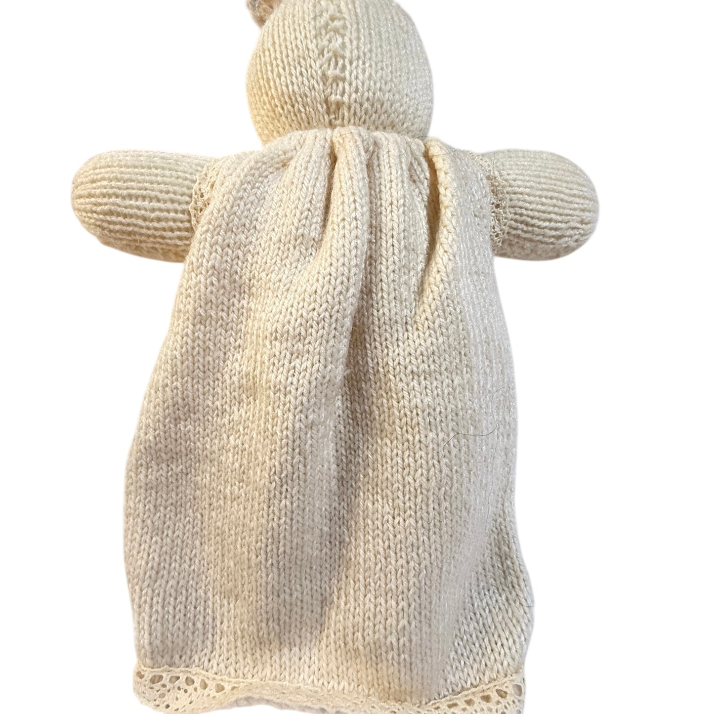 Exquisite Hand Knit Baby Doll in a Dainty Dress with Crocheted Lace, Ribbon & Embroidered Flowers