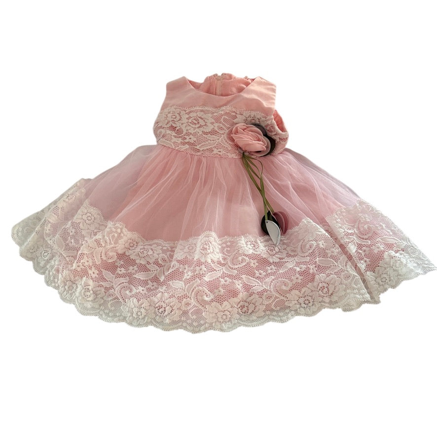 Exquisite Pink Chiffon & Lace Baby Party Dress, Satin Bow & Rosette Embellshment