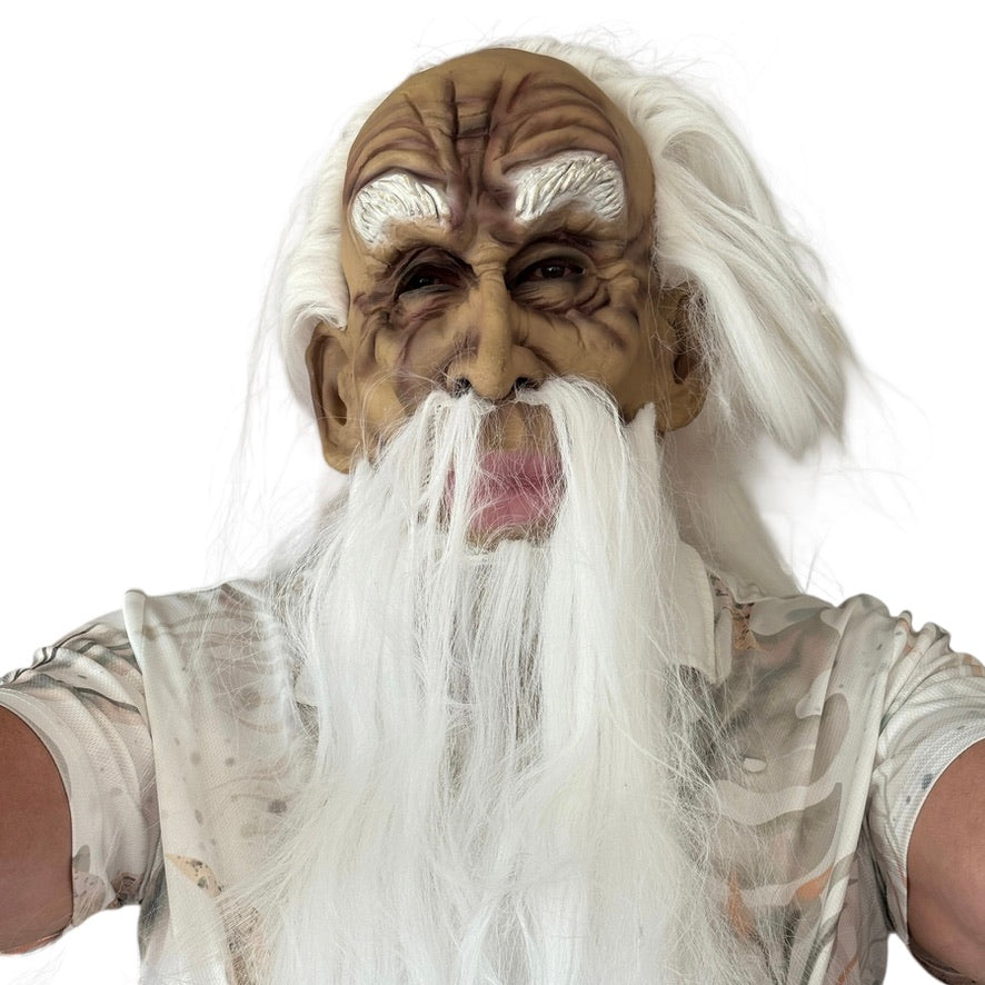 Halloween Mask of Ghoulish Old Man, with Long White Hair, Beard, Fu Manchu & Bushy Eyebrows