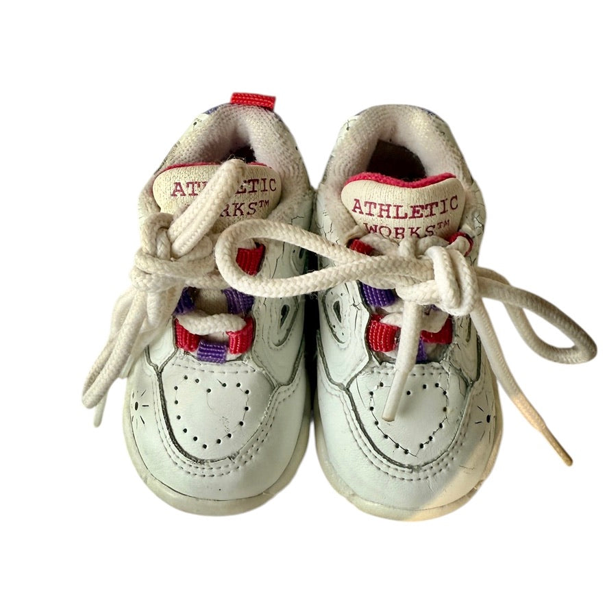 Ruby Athletic Works White Preowned Infant Trainers, Size 1 Tie Ups with Pink & Purple Accents