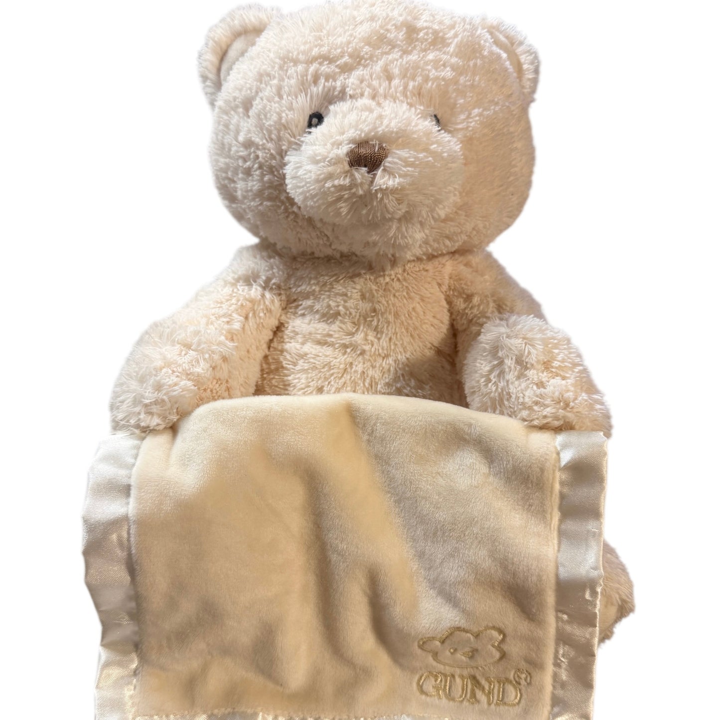 Gund Cream Animated Peek-a-Boo Teddy Bear with Satin Trimmed Blanket in EUC