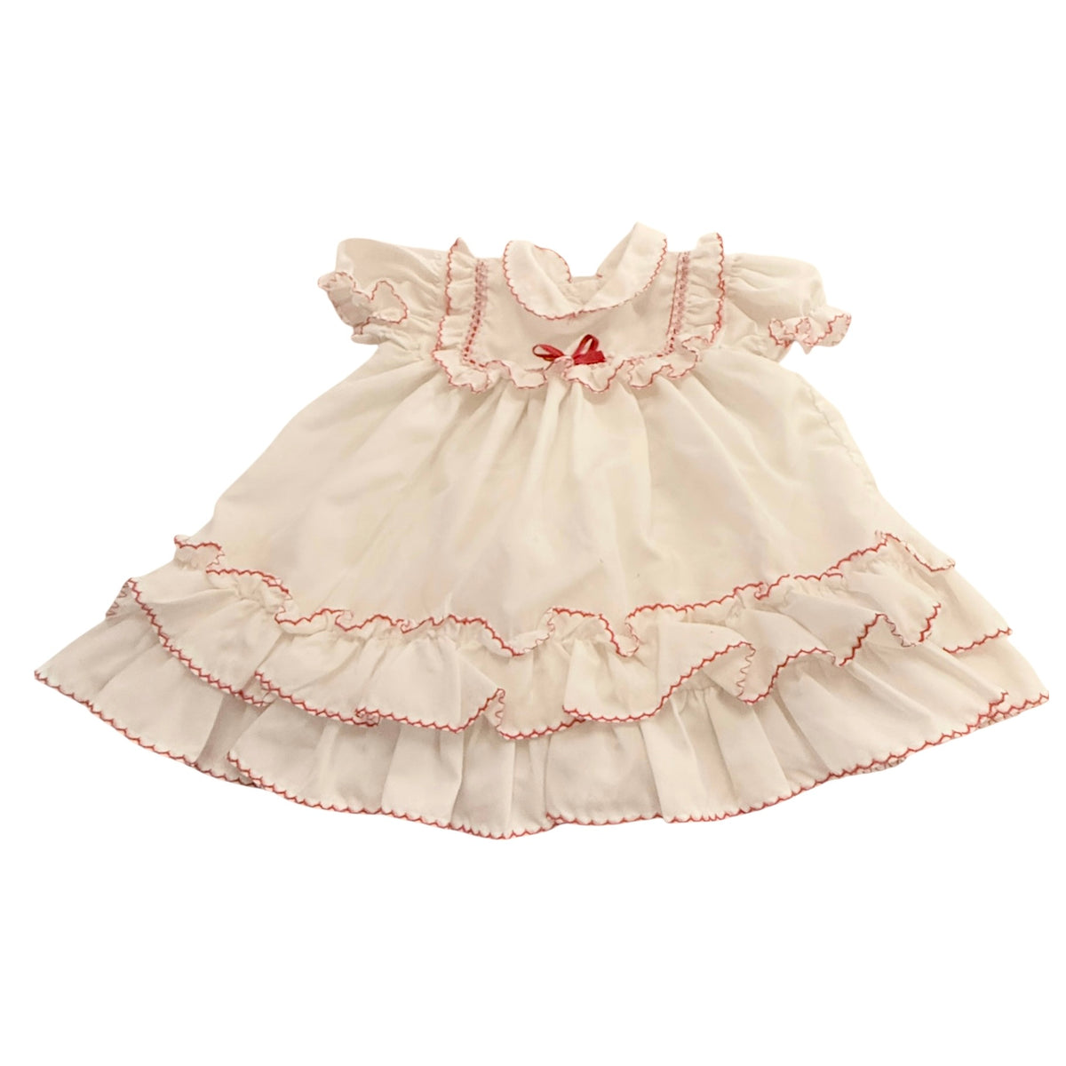Vintage Preowned White Ruffled Baby Dress with Red Trim and Ribbon Embellishment